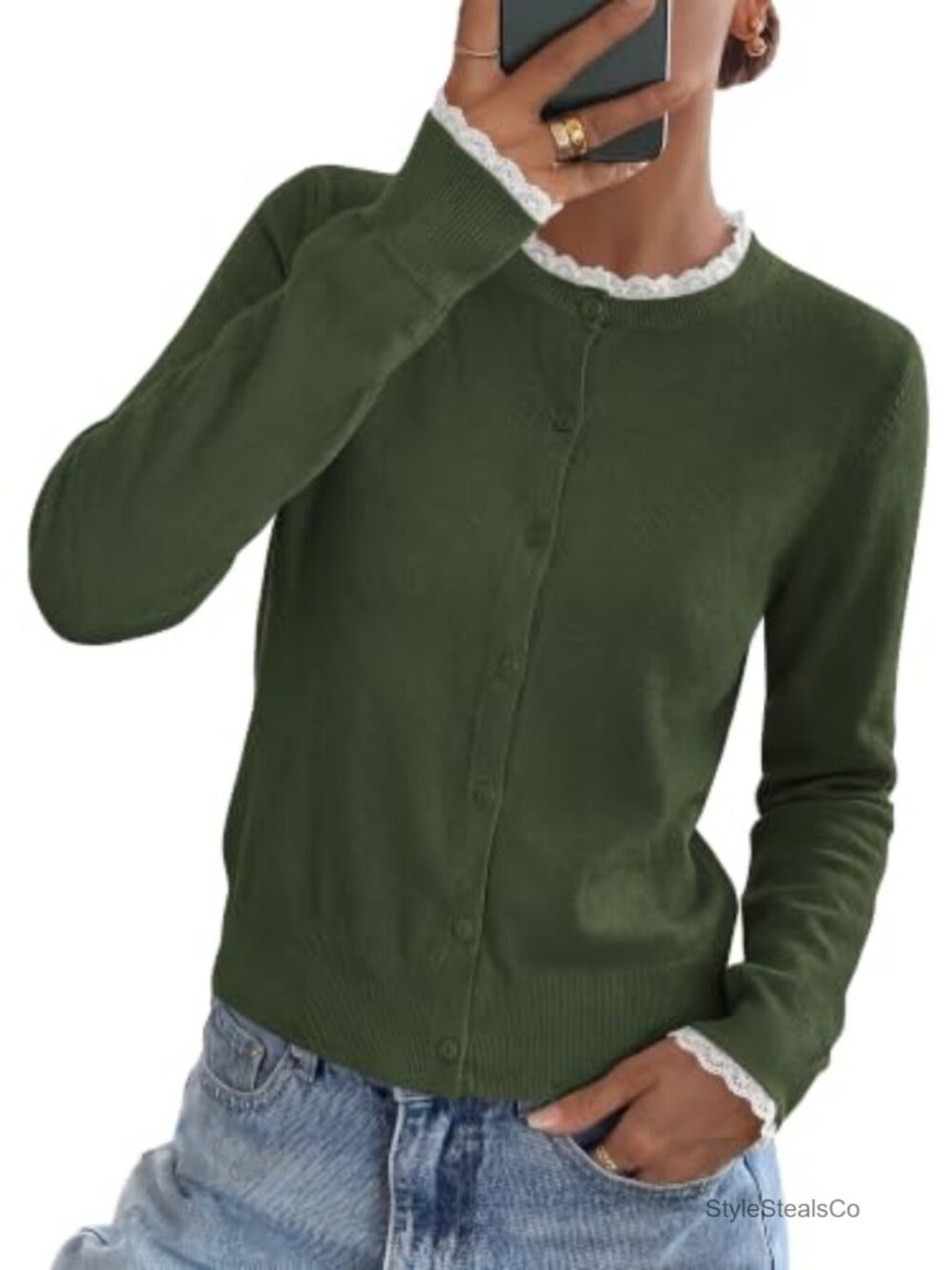 Lace Trim Button Down Cardigan Sweater Long Sleeve Knit Top